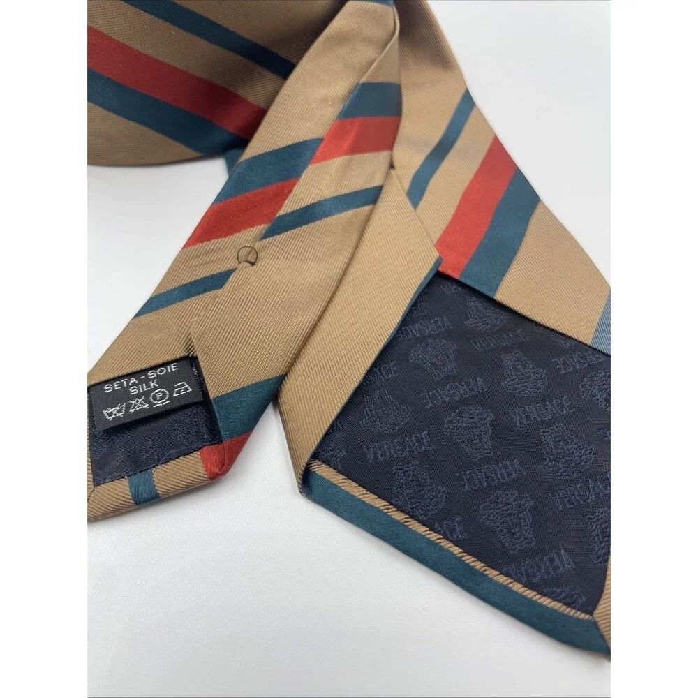 Gianni Versace Tie Men's 100% Silk Gold Brown W Red Blue Stripes Made in Italy